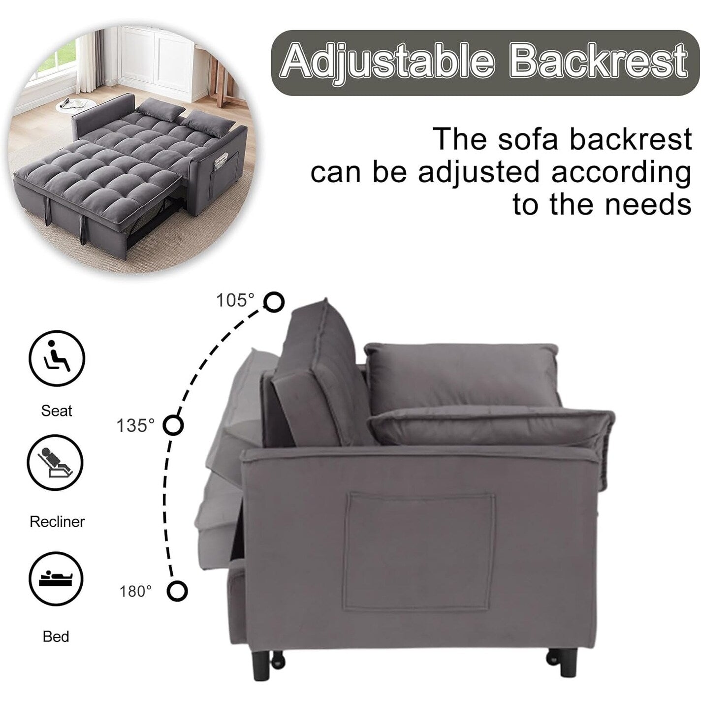 3 in 1 Convertible Sleeper Sofa Bed - Velvet Futon Couch with Adjustable Backrest, Side Pocket & Pull Out Function, Dark Gray