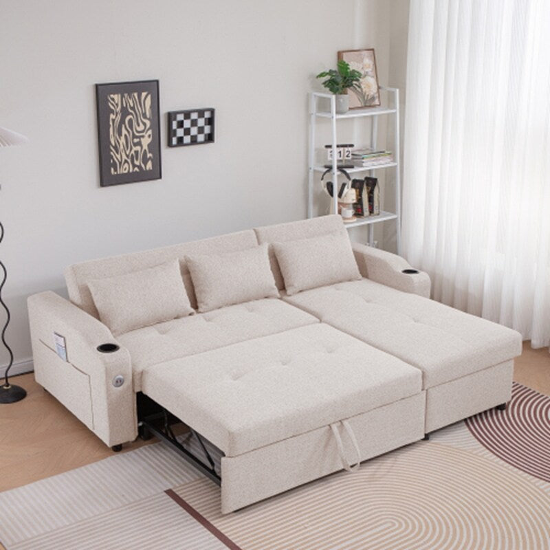 3 in 1 Pull Out Couch Bed Sofa Bed with USB Ports & Cup Holders