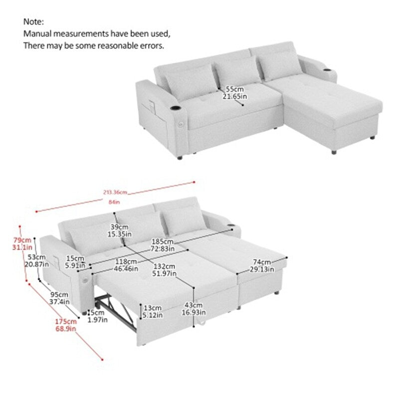 3 in 1 Pull Out Couch Bed Sofa Bed with USB Ports & Cup Holders