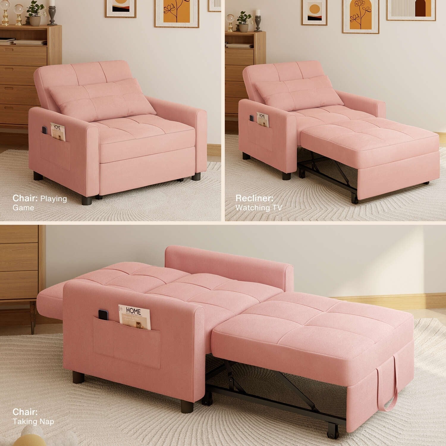 3 in 1 Pull Out Sleeper Sofa Bed, Convertible Modern Adjustable Upholstered Sleeper Chair Sofa