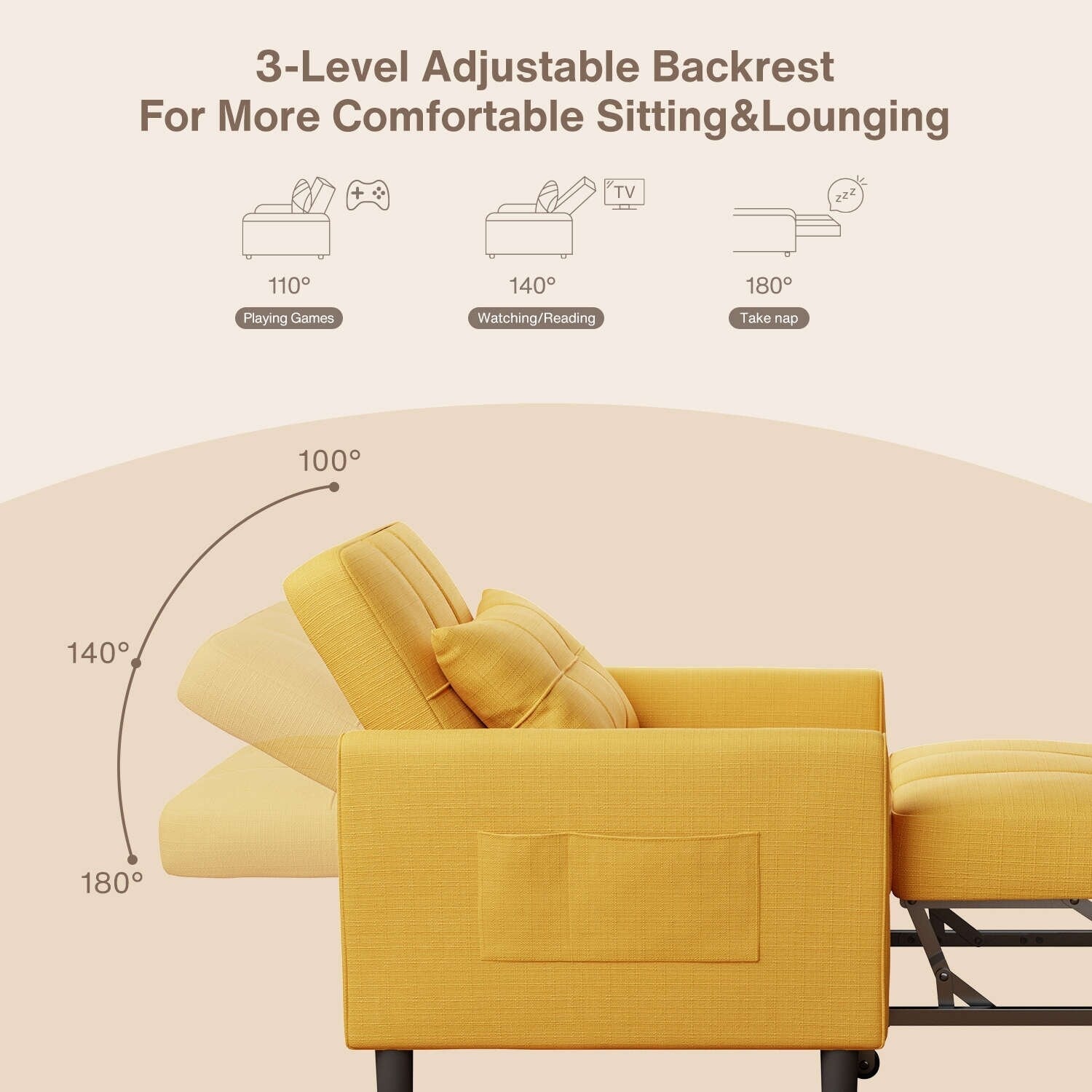 3 in 1 Pull Out Sleeper Sofa Bed, Convertible Modern Adjustable Upholstered Sleeper Chair Sofa