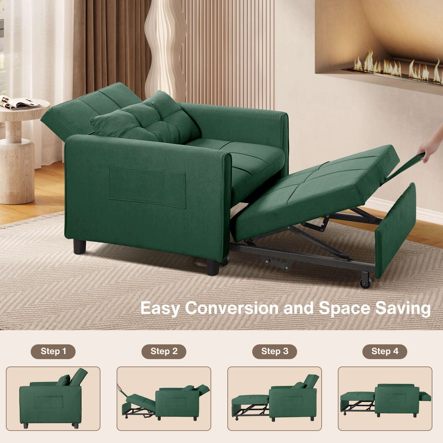 3 in 1 Pull Out Sleeper Sofa Bed, Convertible Modern Adjustable Upholstered Sleeper Chair Sofa