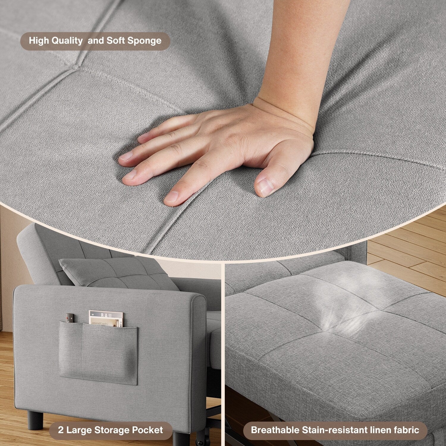 3 in 1 Pull Out Sleeper Sofa Bed, Convertible Modern Adjustable Upholstered Sleeper Chair Sofa
