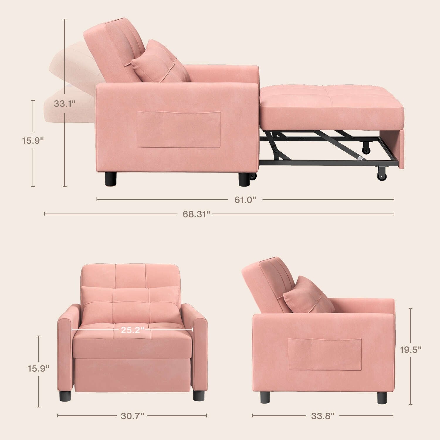 3 in 1 Pull Out Sleeper Sofa Bed, Convertible Modern Adjustable Upholstered Sleeper Chair Sofa