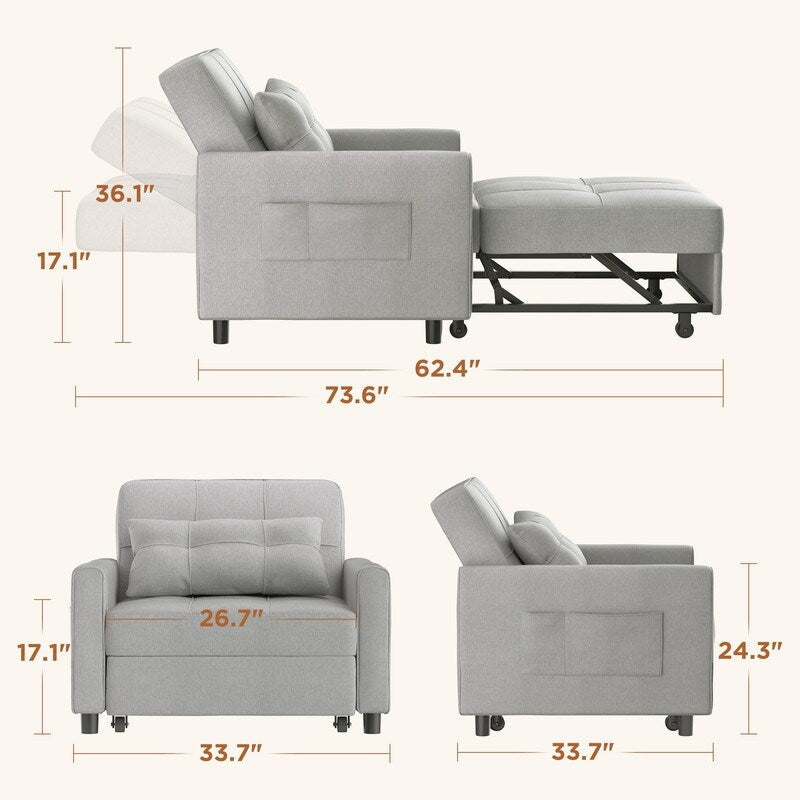 3 in 1 Pull Out Sleeper Sofa Bed, Convertible Modern Adjustable Upholstered Sleeper Chair Sofa