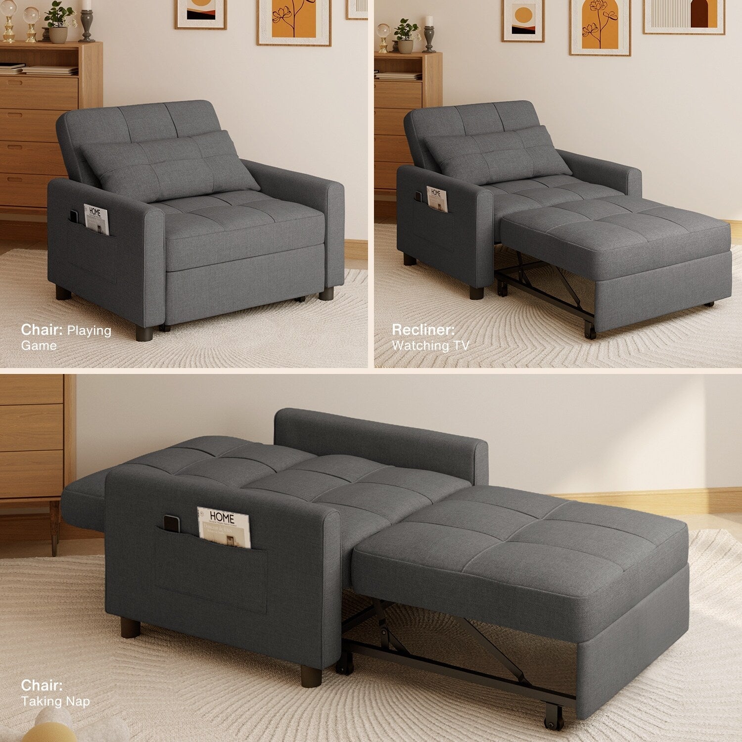 3 in 1 Pull Out Sleeper Sofa Bed, Convertible Modern Adjustable Upholstered Sleeper Chair Sofa