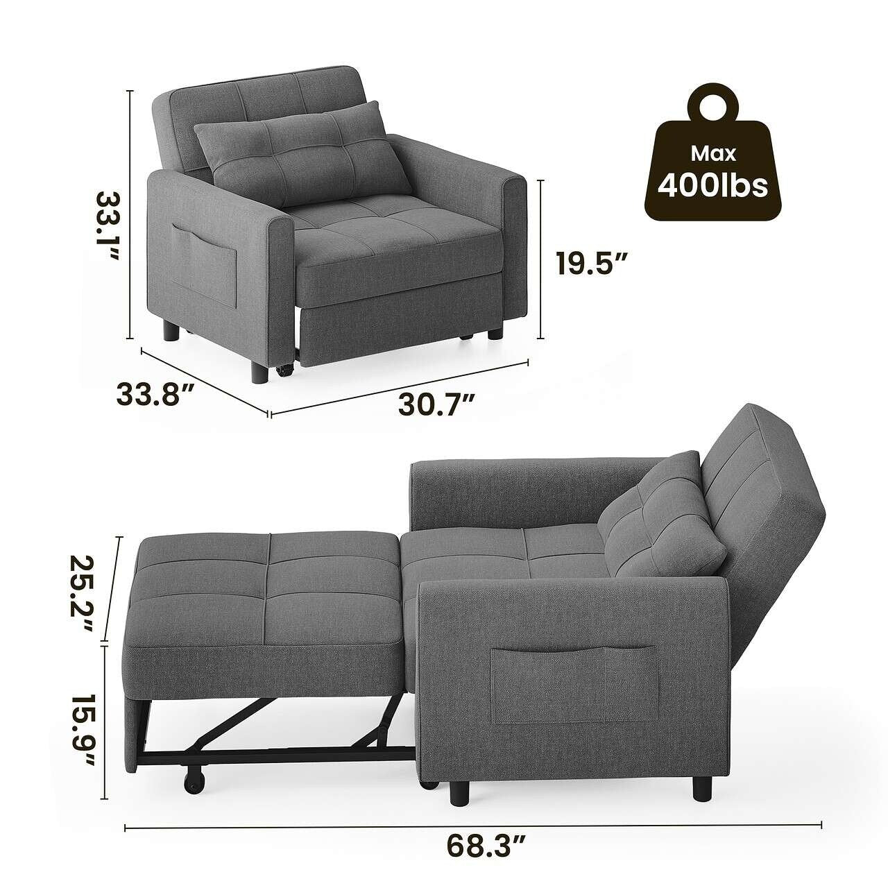 3 in 1 Pull Out Sleeper Sofa Bed, Convertible Modern Adjustable Upholstered Sleeper Chair Sofa