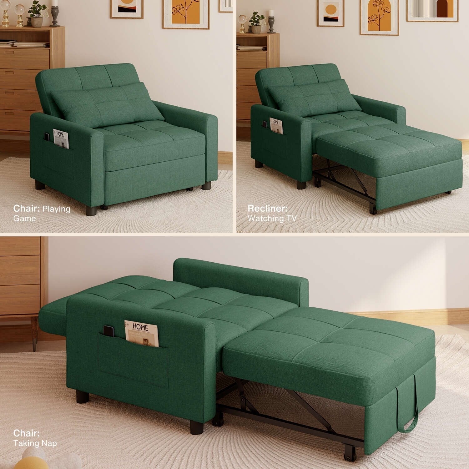 3 in 1 Pull Out Sleeper Sofa Bed, Convertible Modern Adjustable Upholstered Sleeper Chair Sofa