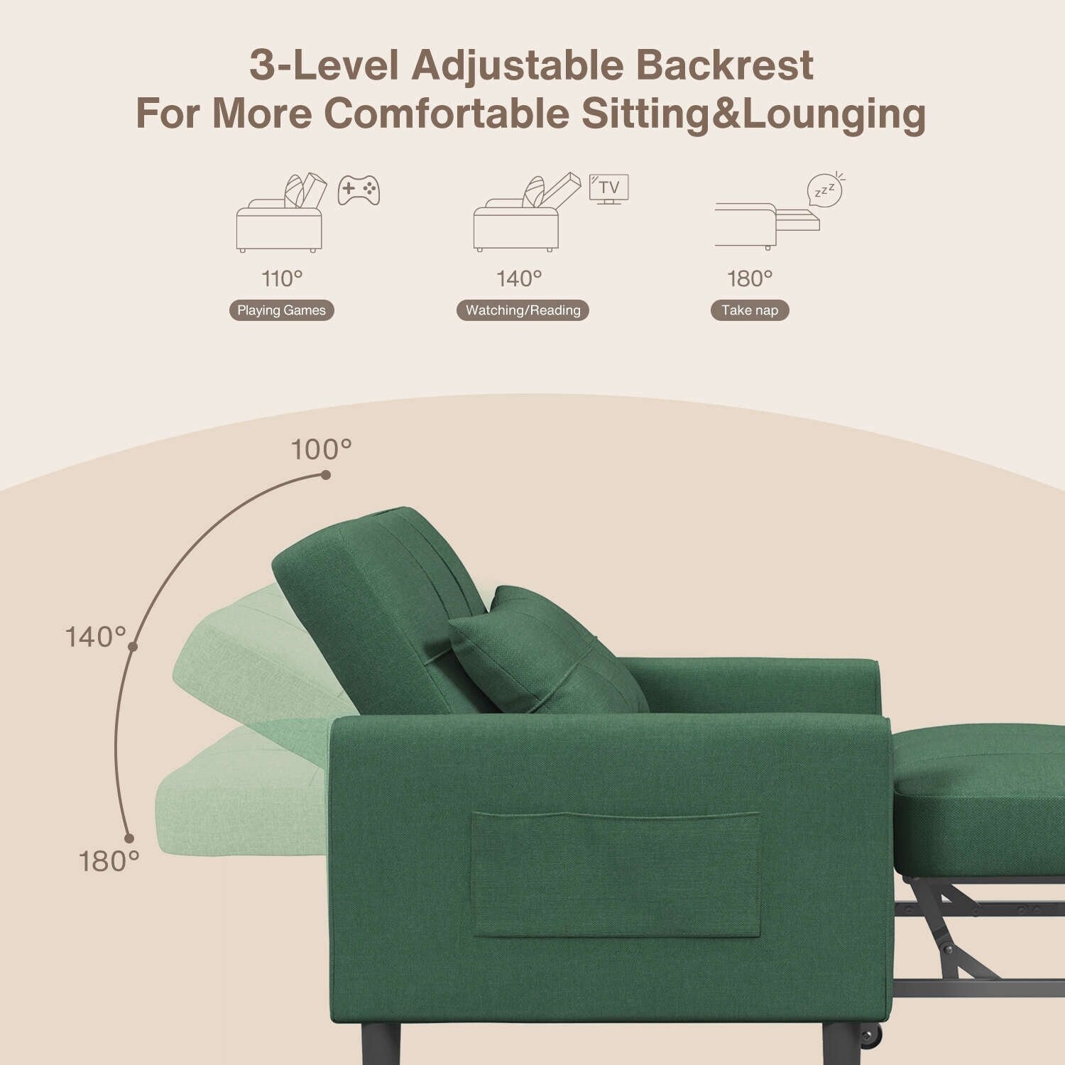 3 in 1 Pull Out Sleeper Sofa Bed, Convertible Modern Adjustable Upholstered Sleeper Chair Sofa