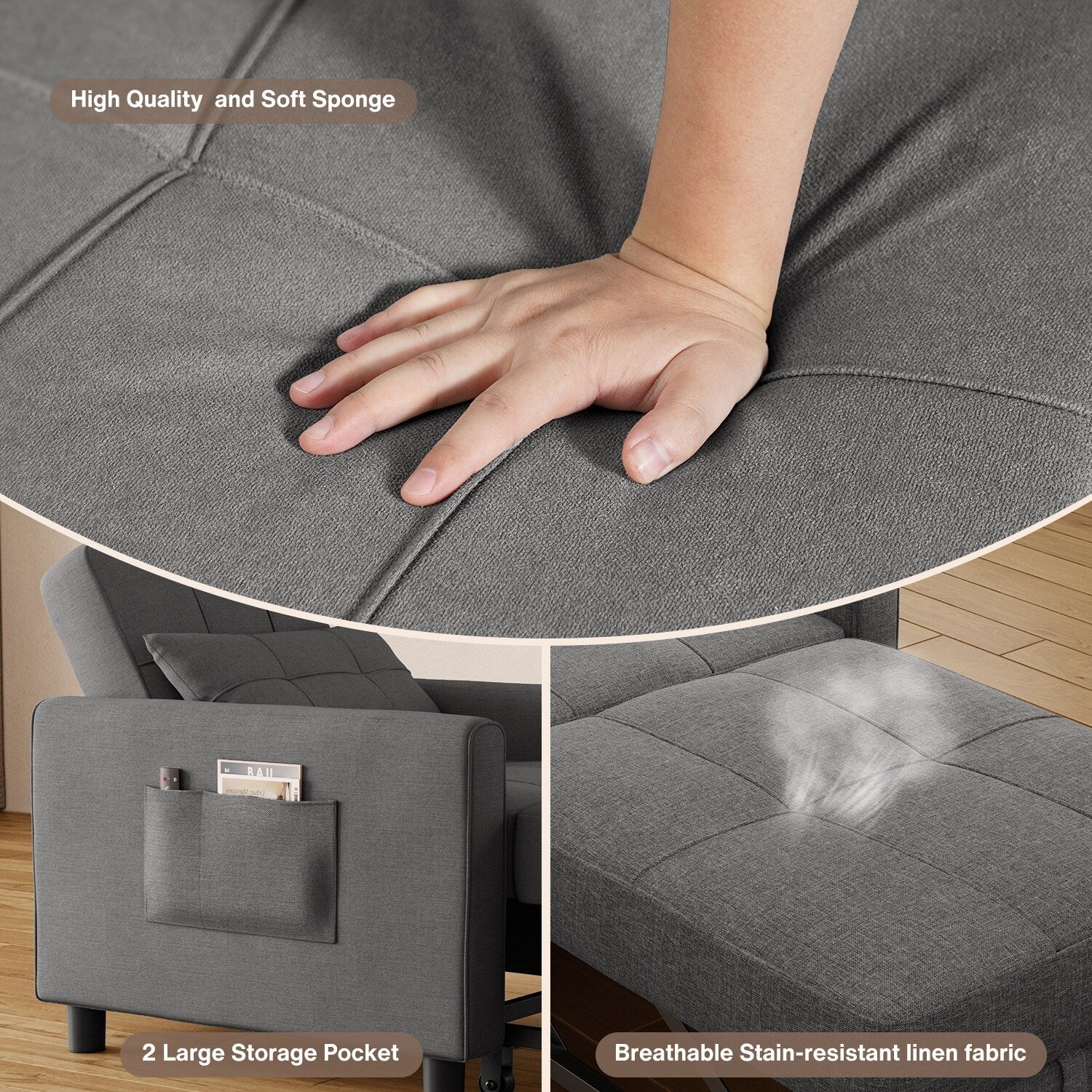 3 in 1 Pull Out Sleeper Sofa Bed, Convertible Modern Adjustable Upholstered Sleeper Chair Sofa