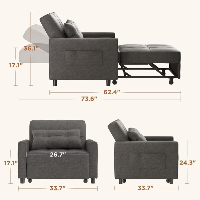 3 in 1 Pull Out Sleeper Sofa Bed, Convertible Modern Adjustable Upholstered Sleeper Chair Sofa