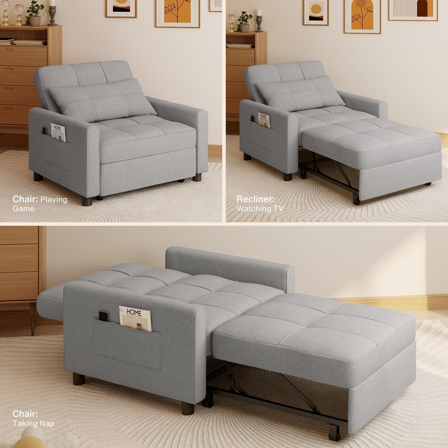 3 in 1 Pull Out Sleeper Sofa Bed, Convertible Modern Adjustable Upholstered Sleeper Chair Sofa