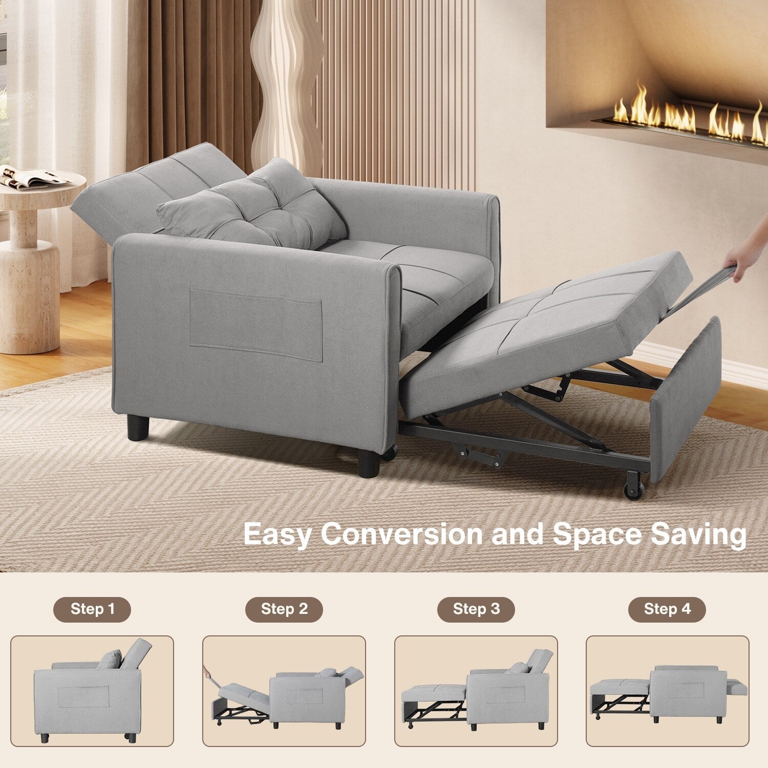 3 in 1 Pull Out Sleeper Sofa Bed, Convertible Modern Adjustable Upholstered Sleeper Chair Sofa