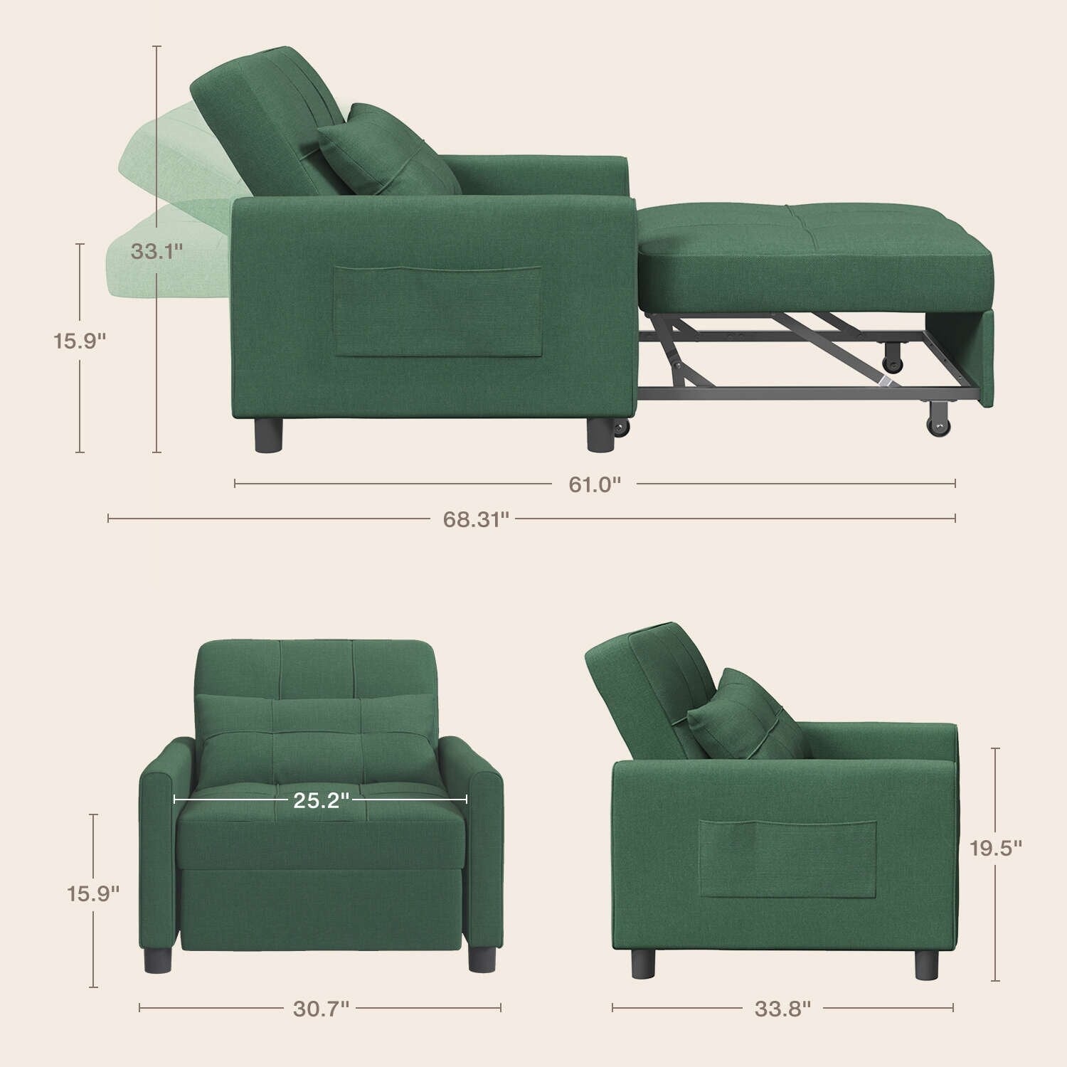 3 in 1 Pull Out Sleeper Sofa Bed, Convertible Modern Adjustable Upholstered Sleeper Chair Sofa