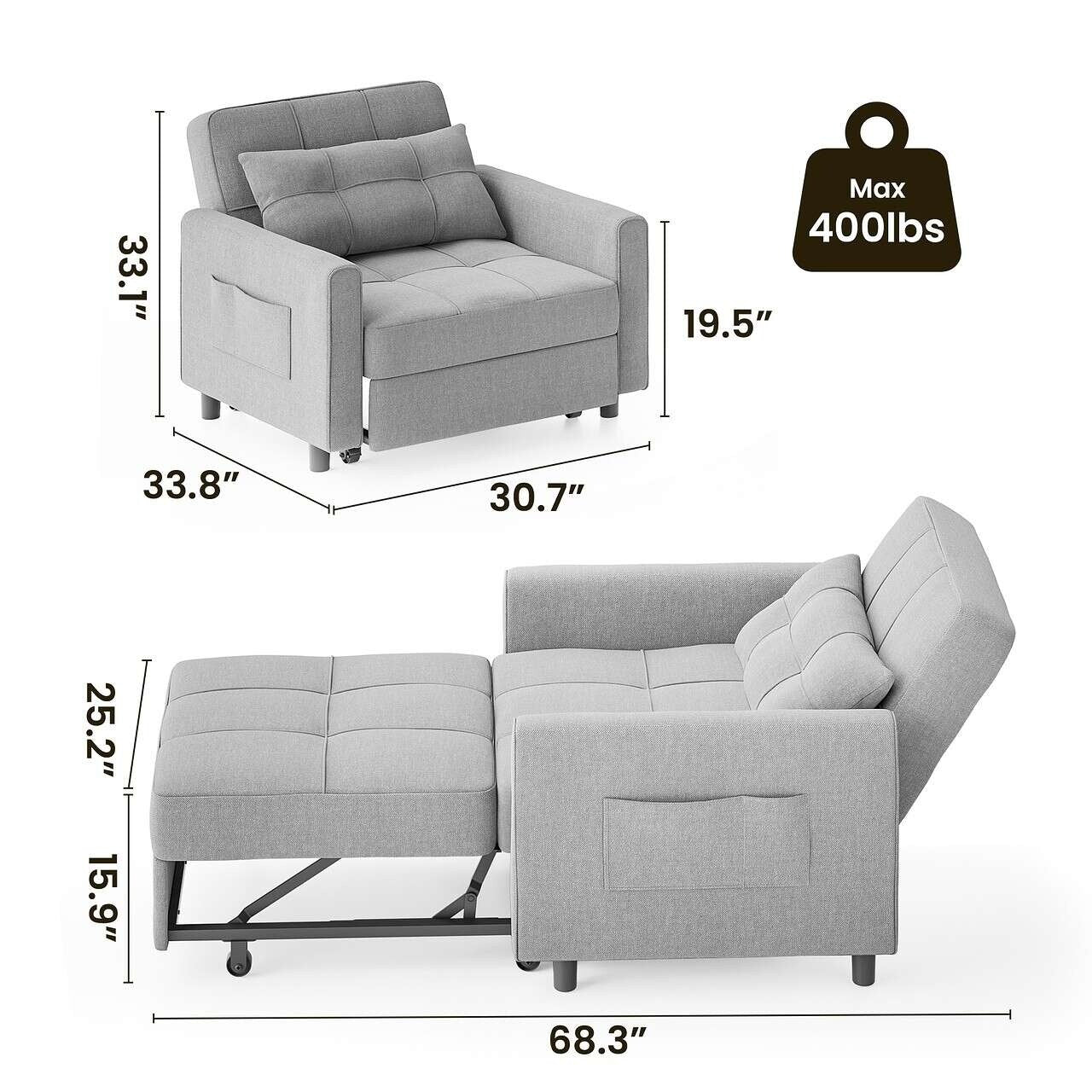 3 in 1 Pull Out Sleeper Sofa Bed, Convertible Modern Adjustable Upholstered Sleeper Chair Sofa