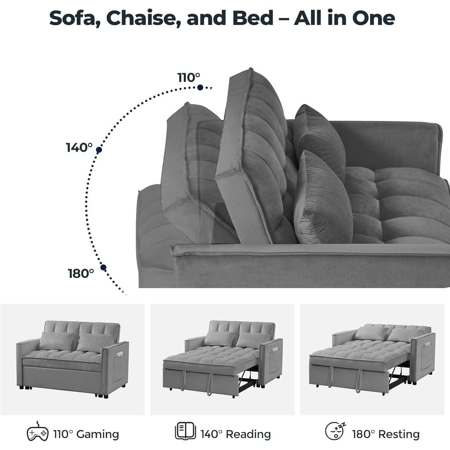 3 in 1 Velvet Sofa Bed with Adjustable Backrest