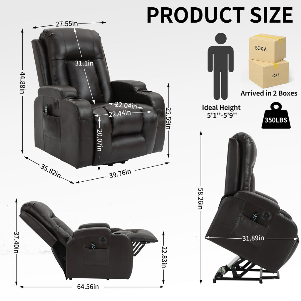 Power Lift Recliner Elderly Infinite 8 Massage Heat USB Cup Holders