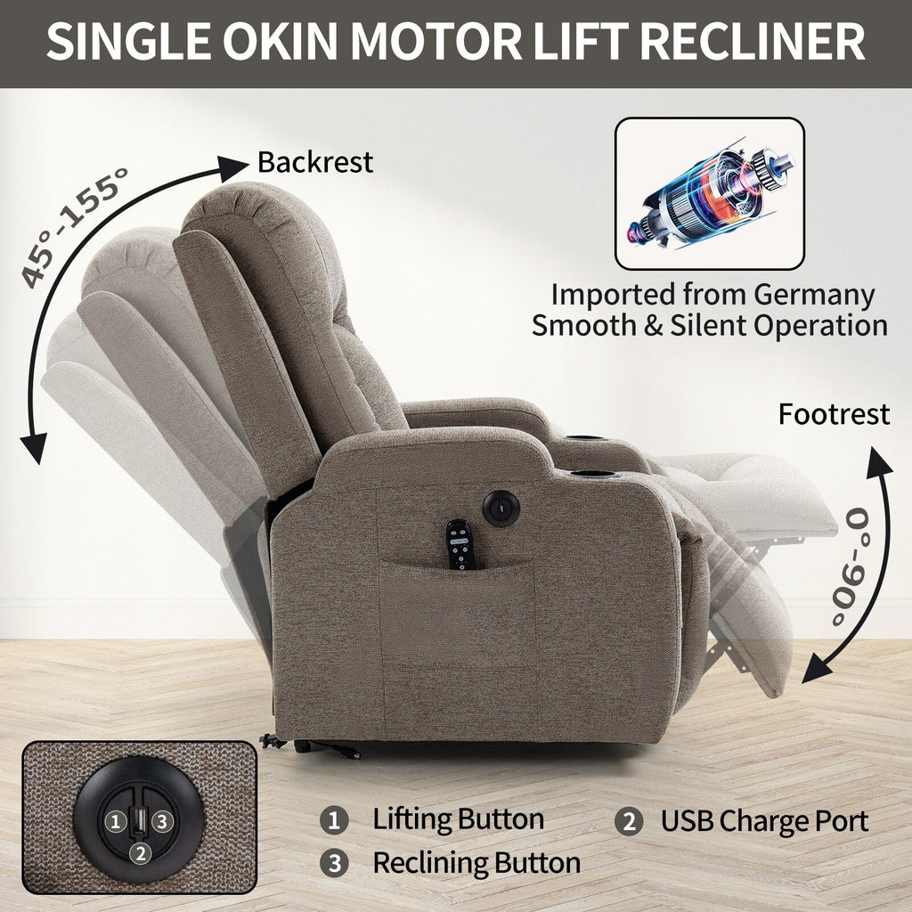 Power Lift Recliner Elderly Infinite 8 Massage Heat USB Cup Holders