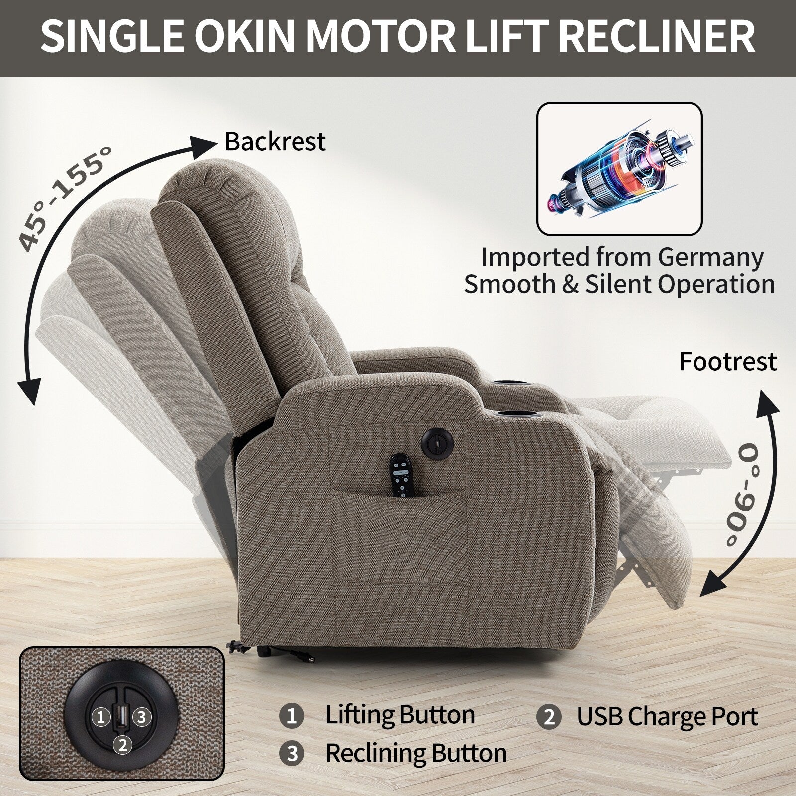 Power Lift Recliner Elderly Infinite 8 Massage Heat USB Cup Holders