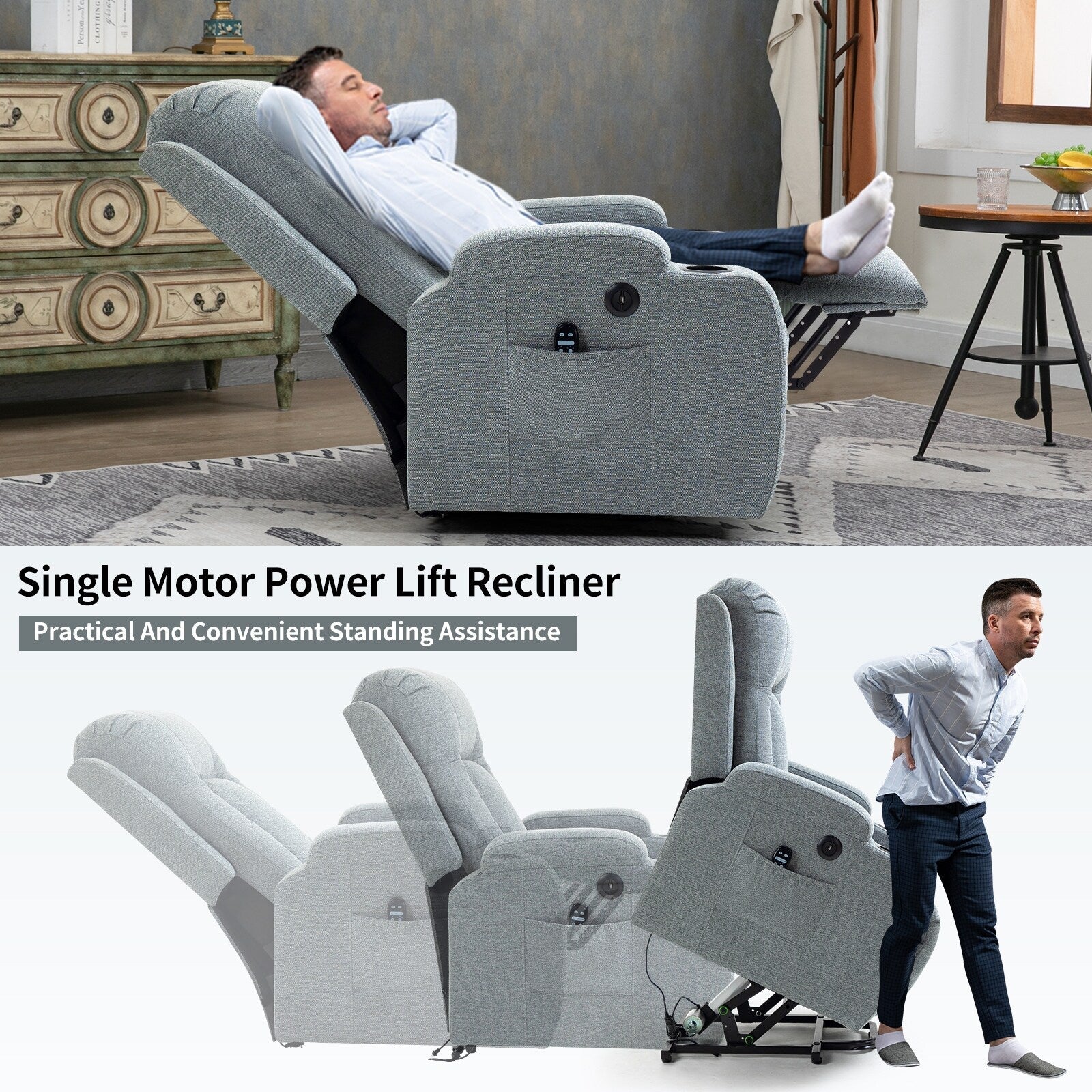 Power Lift Recliner Elderly Infinite 8 Massage Heat USB Cup Holders