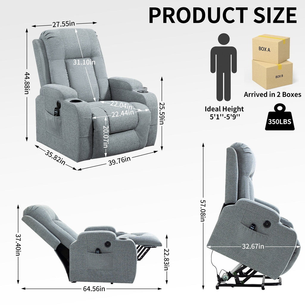 Power Lift Recliner Elderly Infinite 8 Massage Heat USB Cup Holders