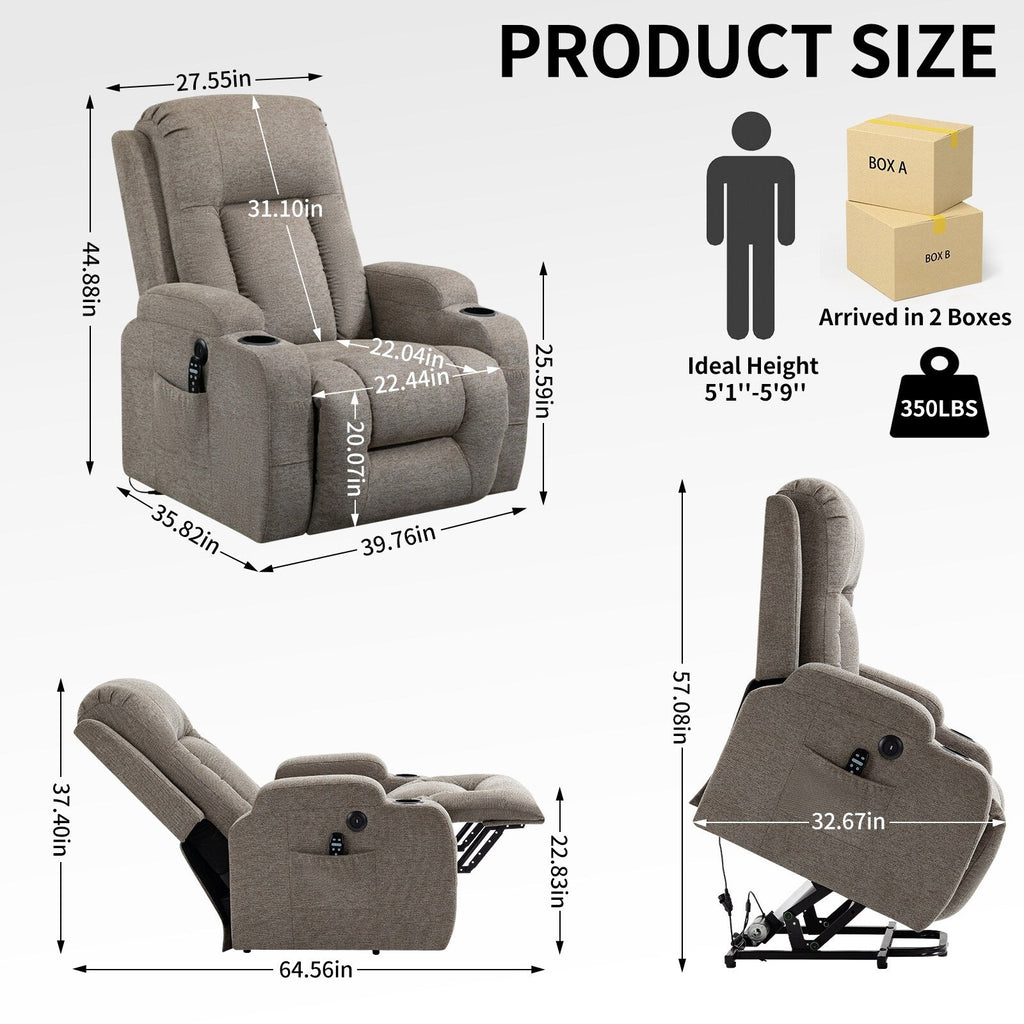 Power Lift Recliner Elderly Infinite 8 Massage Heat USB Cup Holders