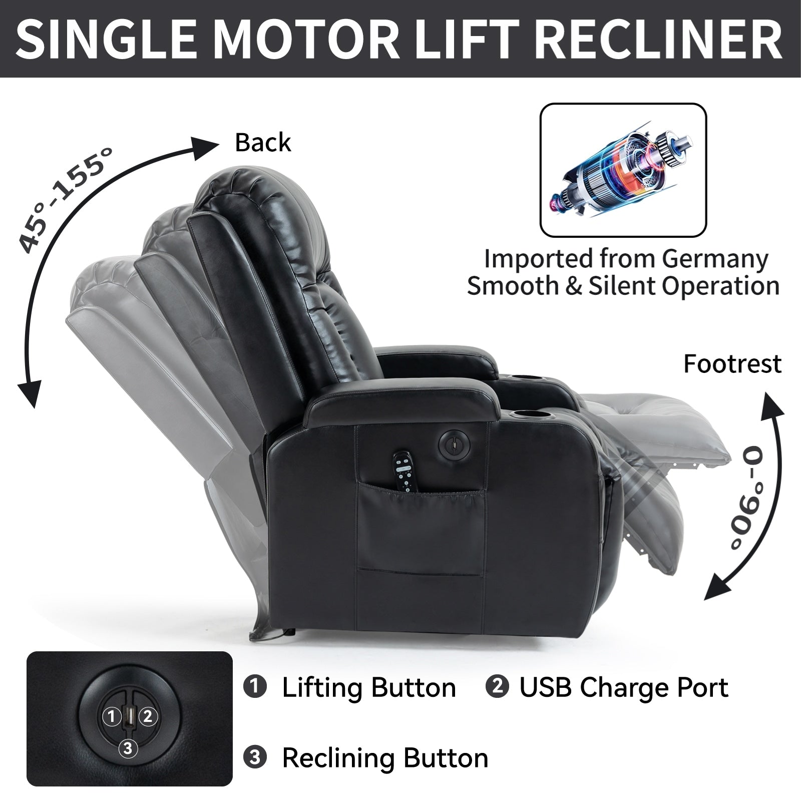 Power Lift Recliner Elderly Infinite 8 Massage Heat USB Cup Holders