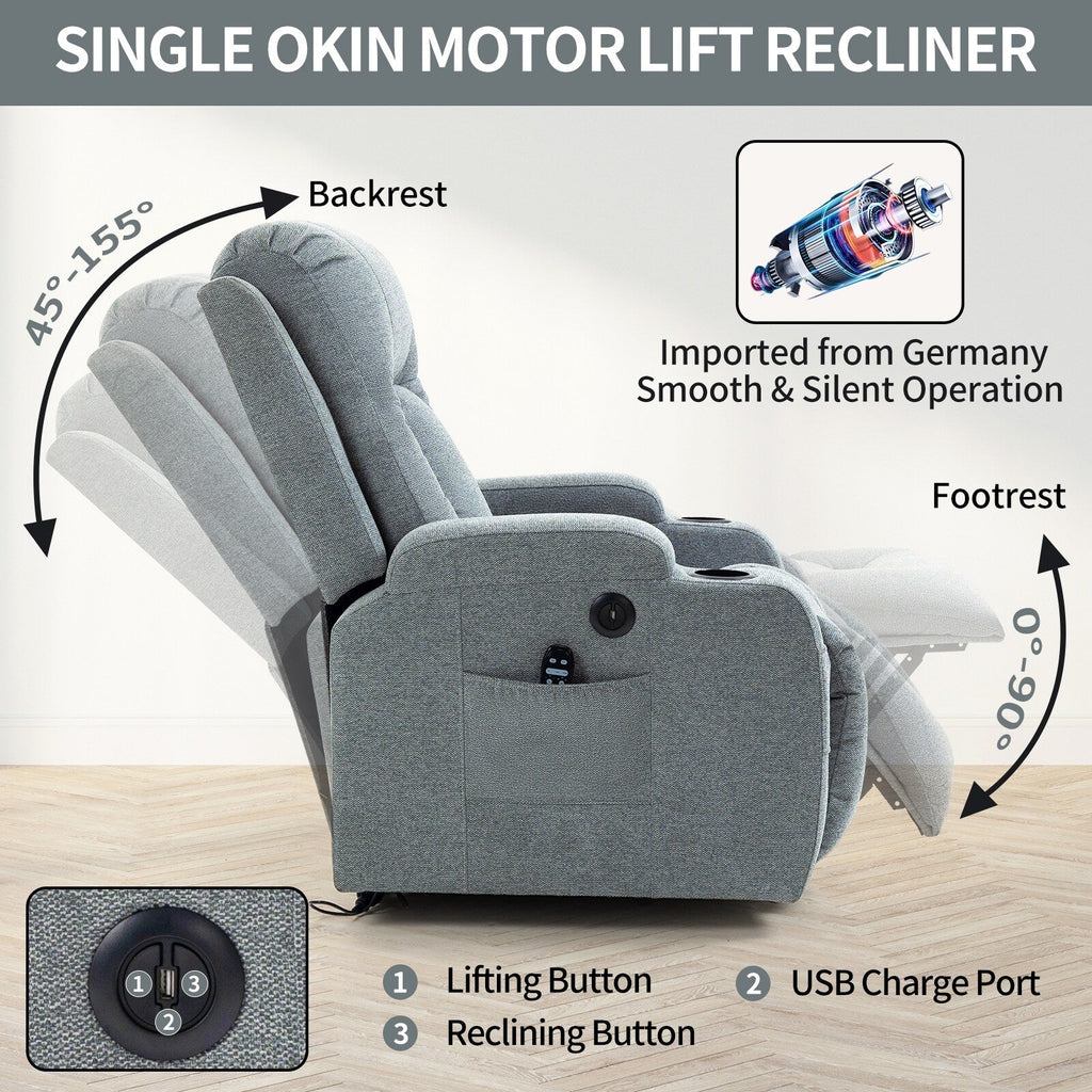 Power Lift Recliner Elderly Infinite 8 Massage Heat USB Cup Holders