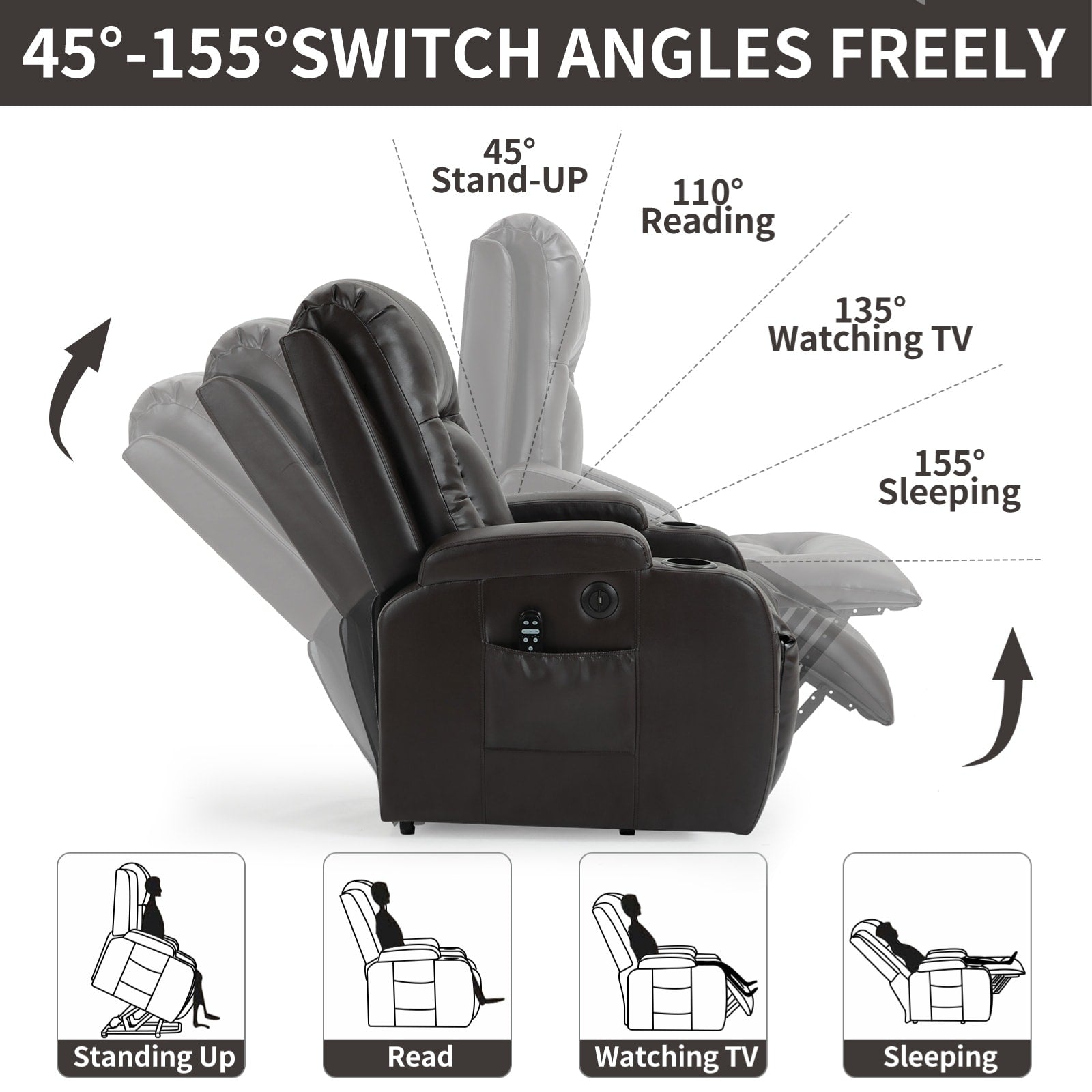 Power Lift Recliner Elderly Infinite 8 Massage Heat USB Cup Holders