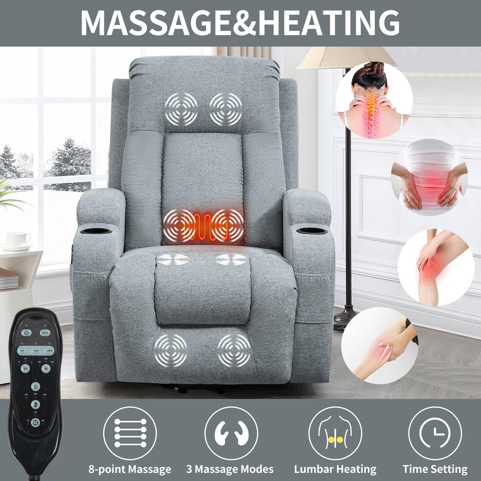Power Lift Recliner Elderly Infinite 8 Massage Heat USB Cup Holders