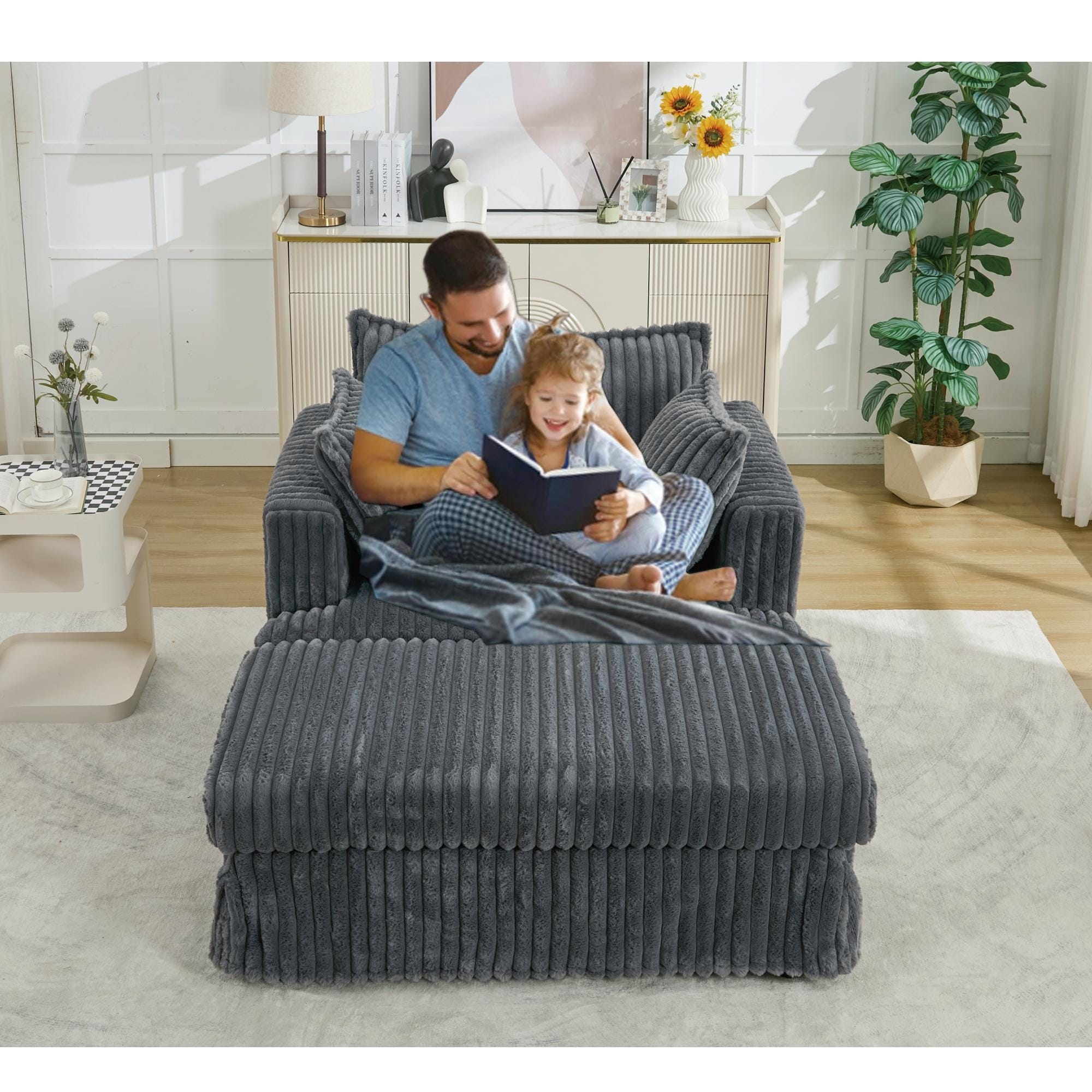 47.7 Oversized Corduroy Chaise Lounge with Ottoman Recliner