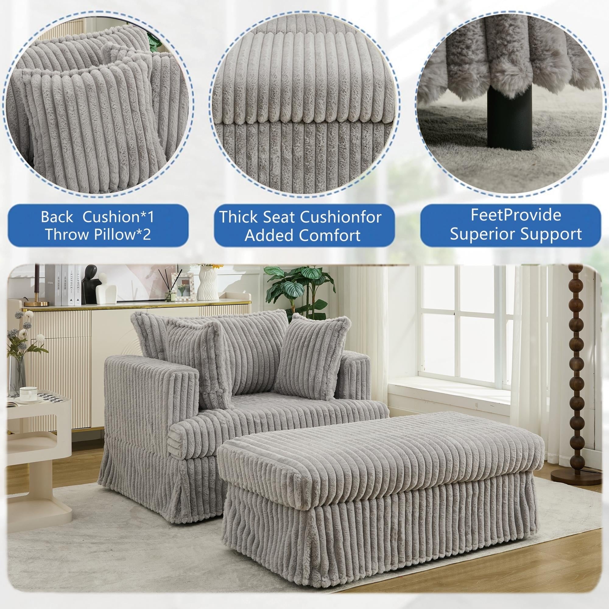 47.7 Oversized Corduroy Chaise Lounge with Ottoman Recliner