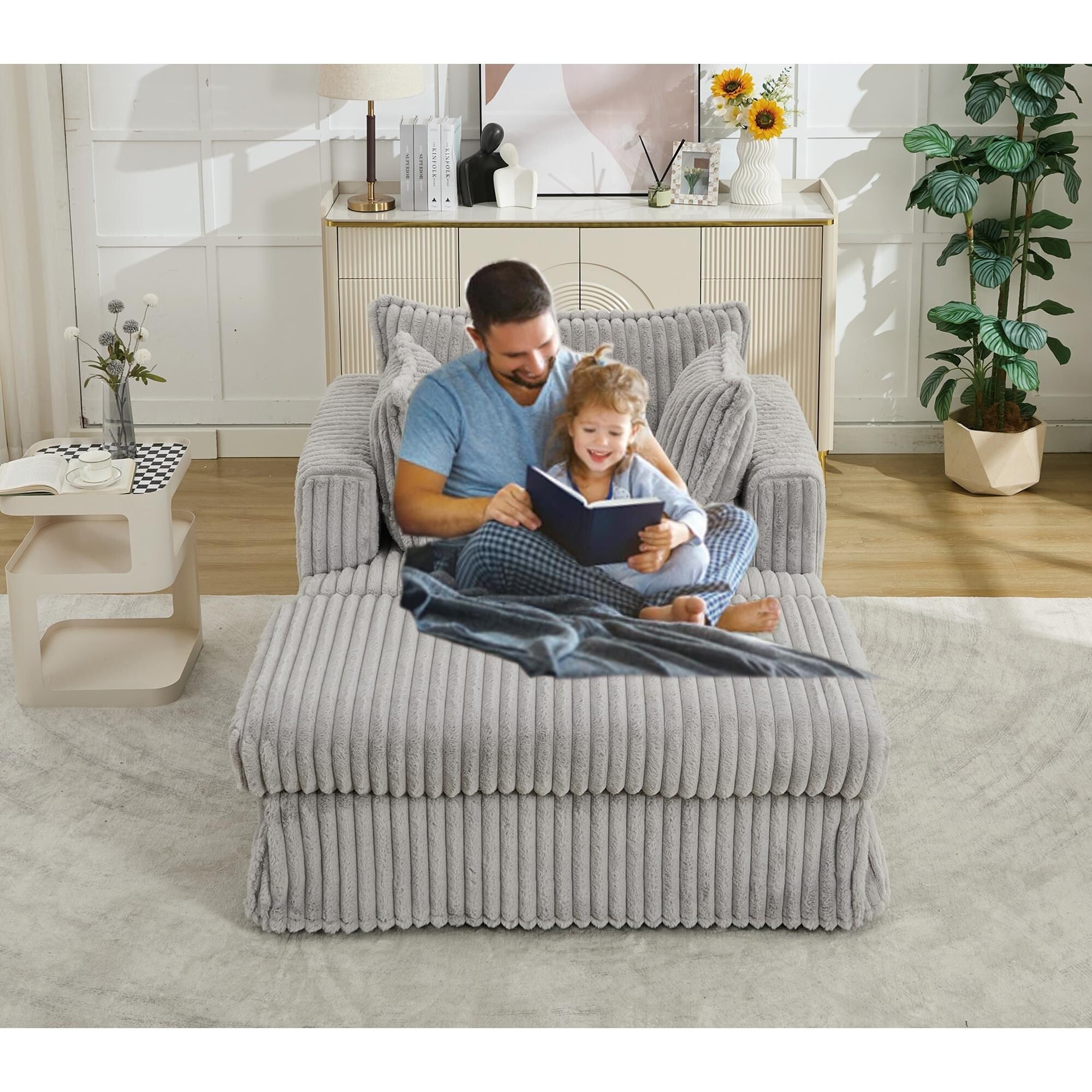 47.7 Oversized Corduroy Chaise Lounge with Ottoman Recliner