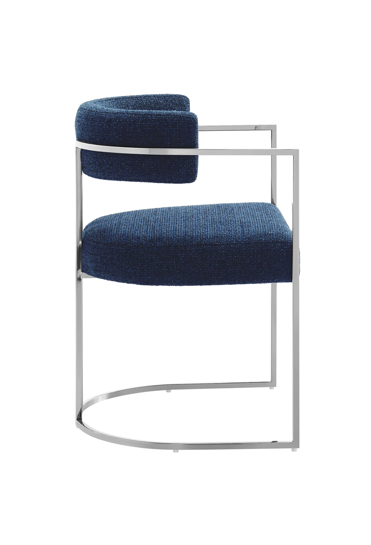 Chaise de salle à manger Ardenza à dossier incurvé en tissu et métal, bleu marine argenté