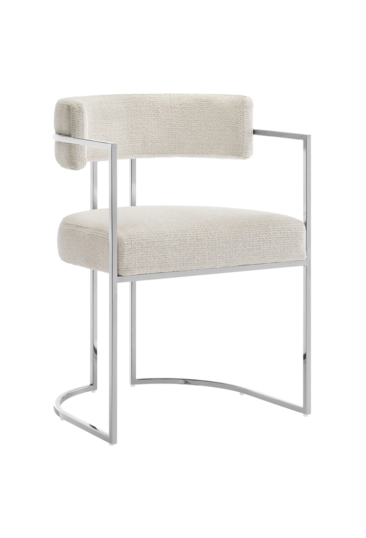 Chaise de salle à manger Ardenza à dossier incurvé en tissu et métal, couleur crème argentée