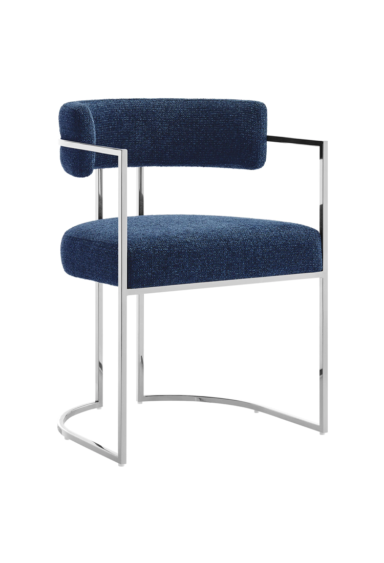 Chaise de salle à manger Ardenza à dossier incurvé en tissu et métal, bleu marine argenté