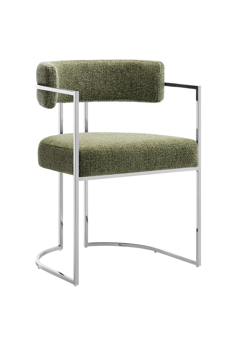 Chaise de salle à manger Ardenza à dossier incurvé en tissu et métal, feuille d'argent