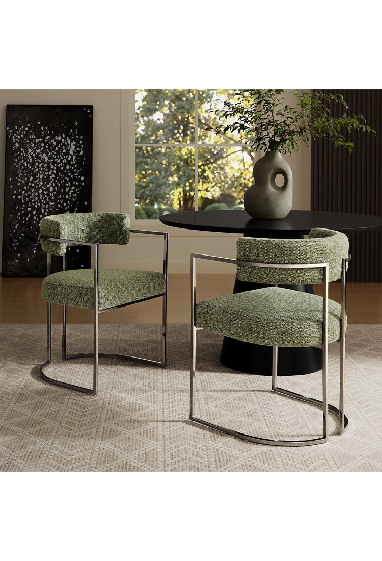Chaise de salle à manger Ardenza à dossier incurvé en tissu et métal, feuille d'argent