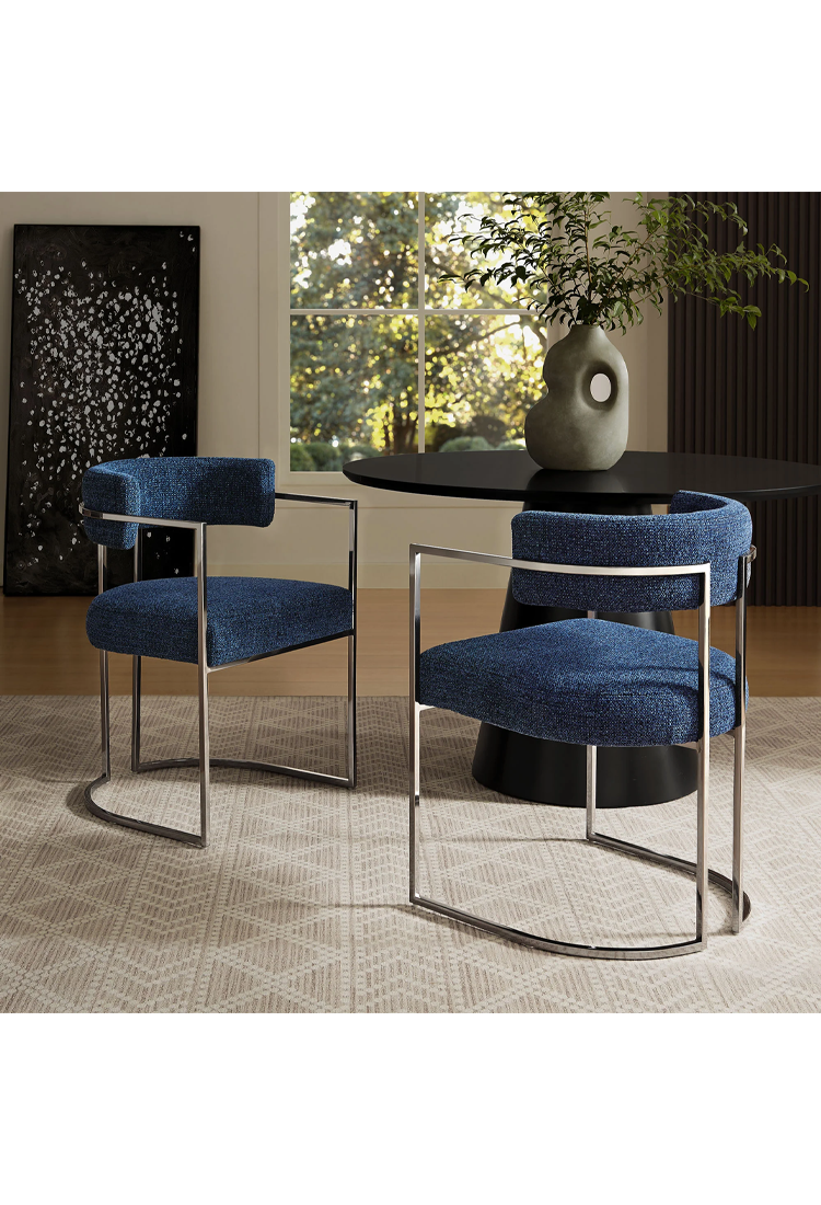 Chaise de salle à manger Ardenza à dossier incurvé en tissu et métal, bleu marine argenté