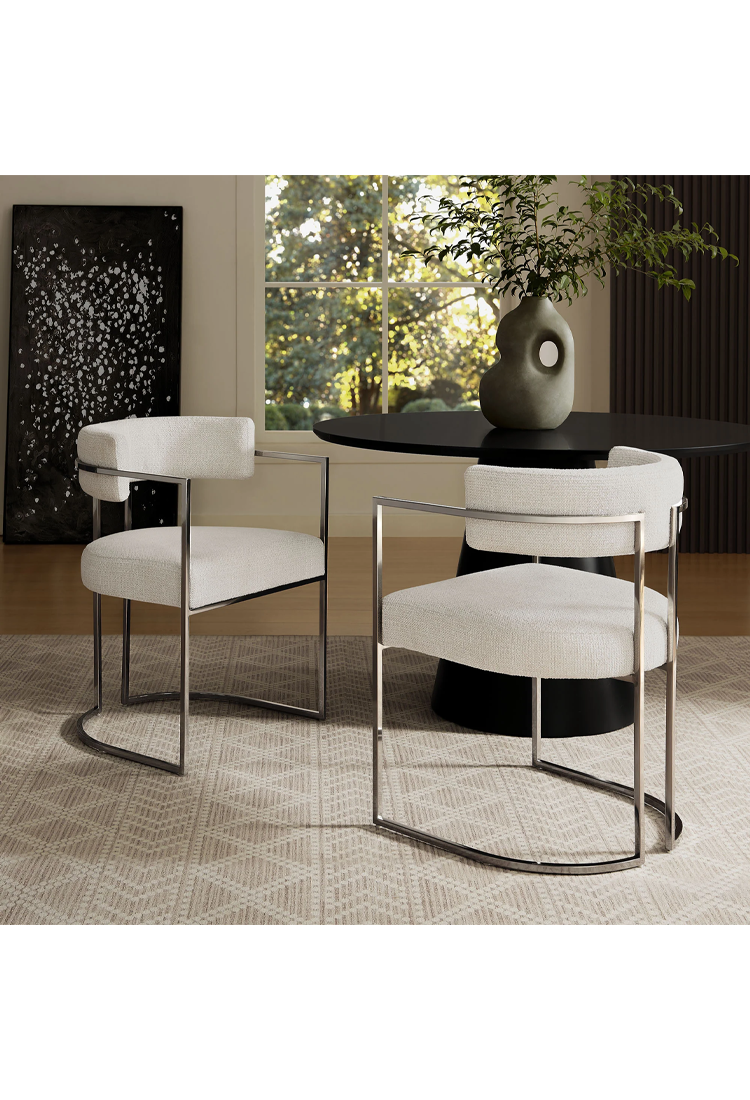 Chaise de salle à manger Ardenza à dossier incurvé en tissu et métal, couleur crème argentée