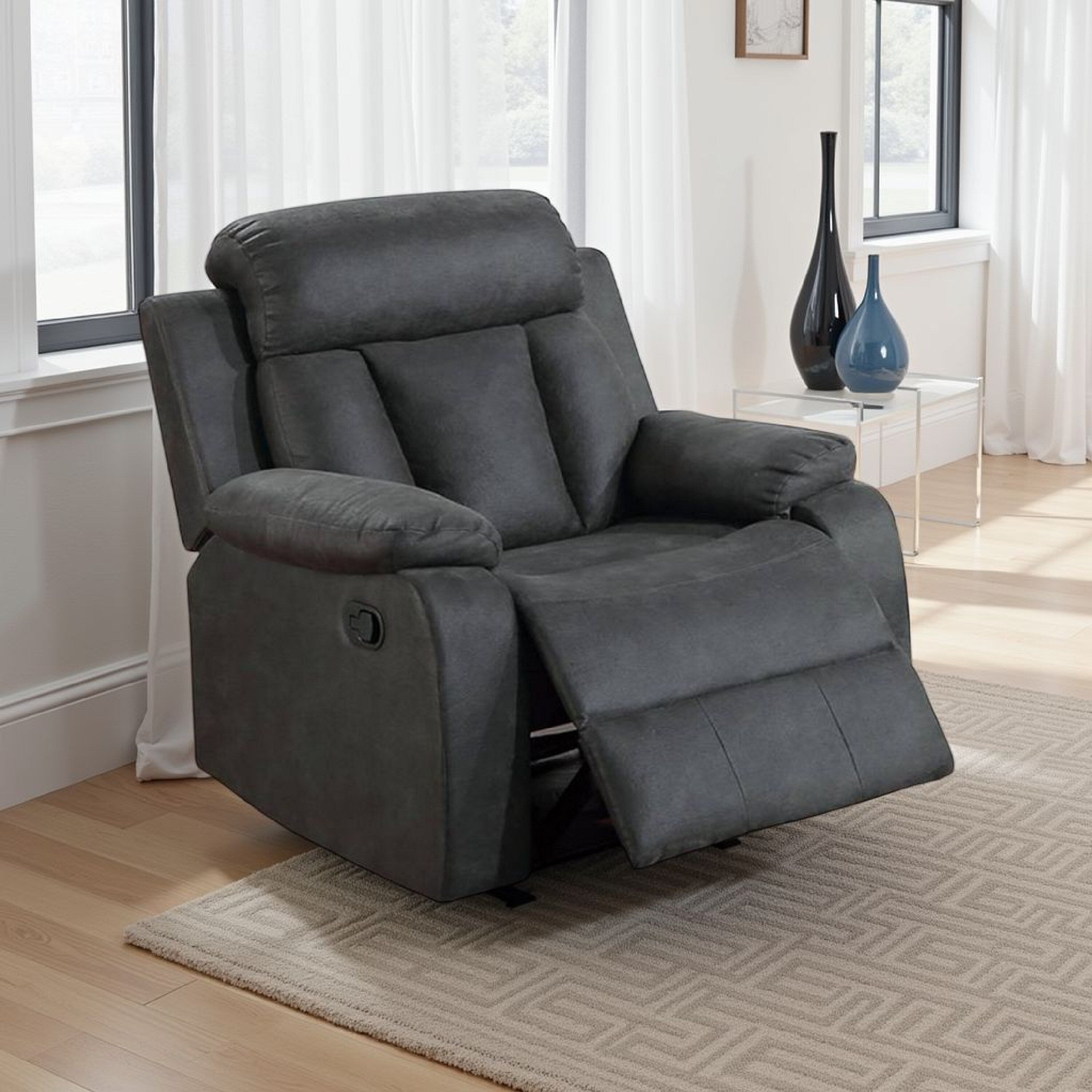 Corie Manual Recliner Chair, Pillow Cushioned, Dark Gray Faux Leather