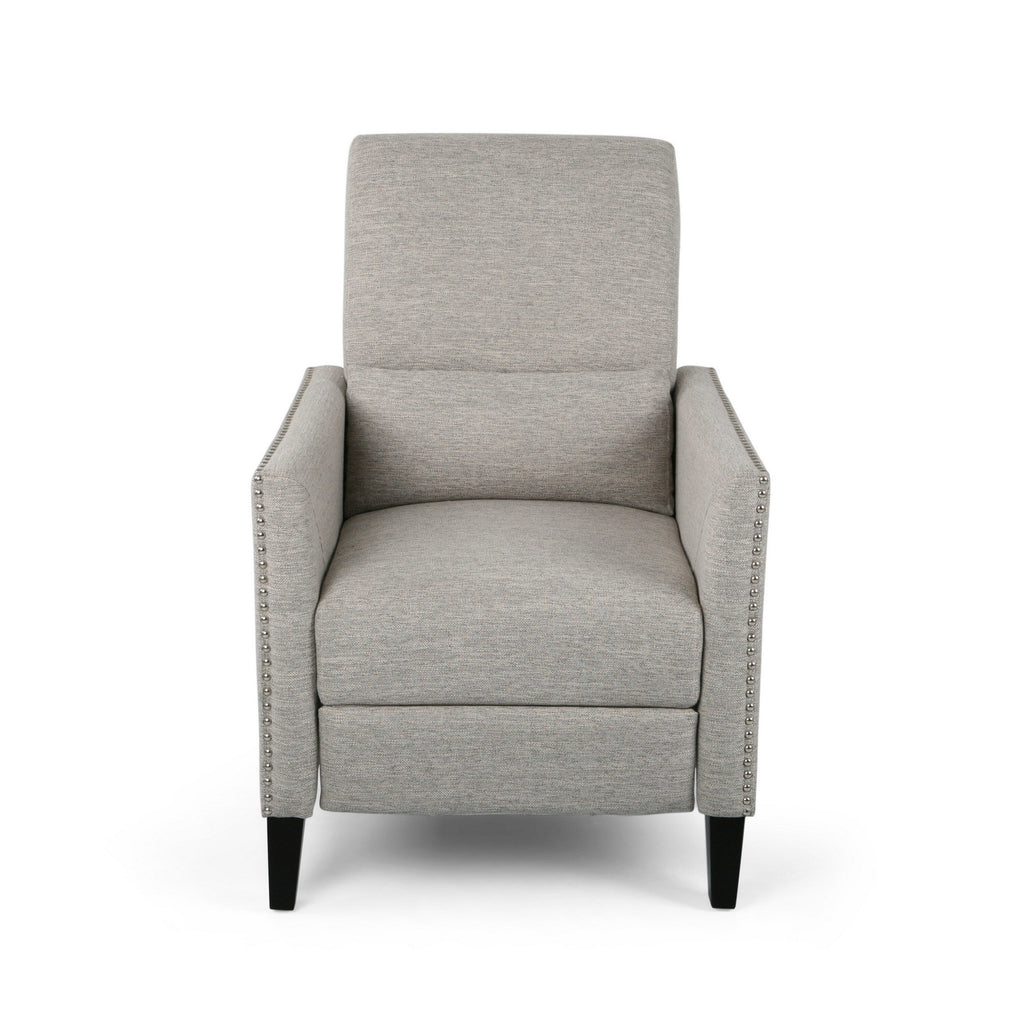 Davy Pushback Recliner Chair, Nailhead Trim, Birch Wood, Gray Fabric