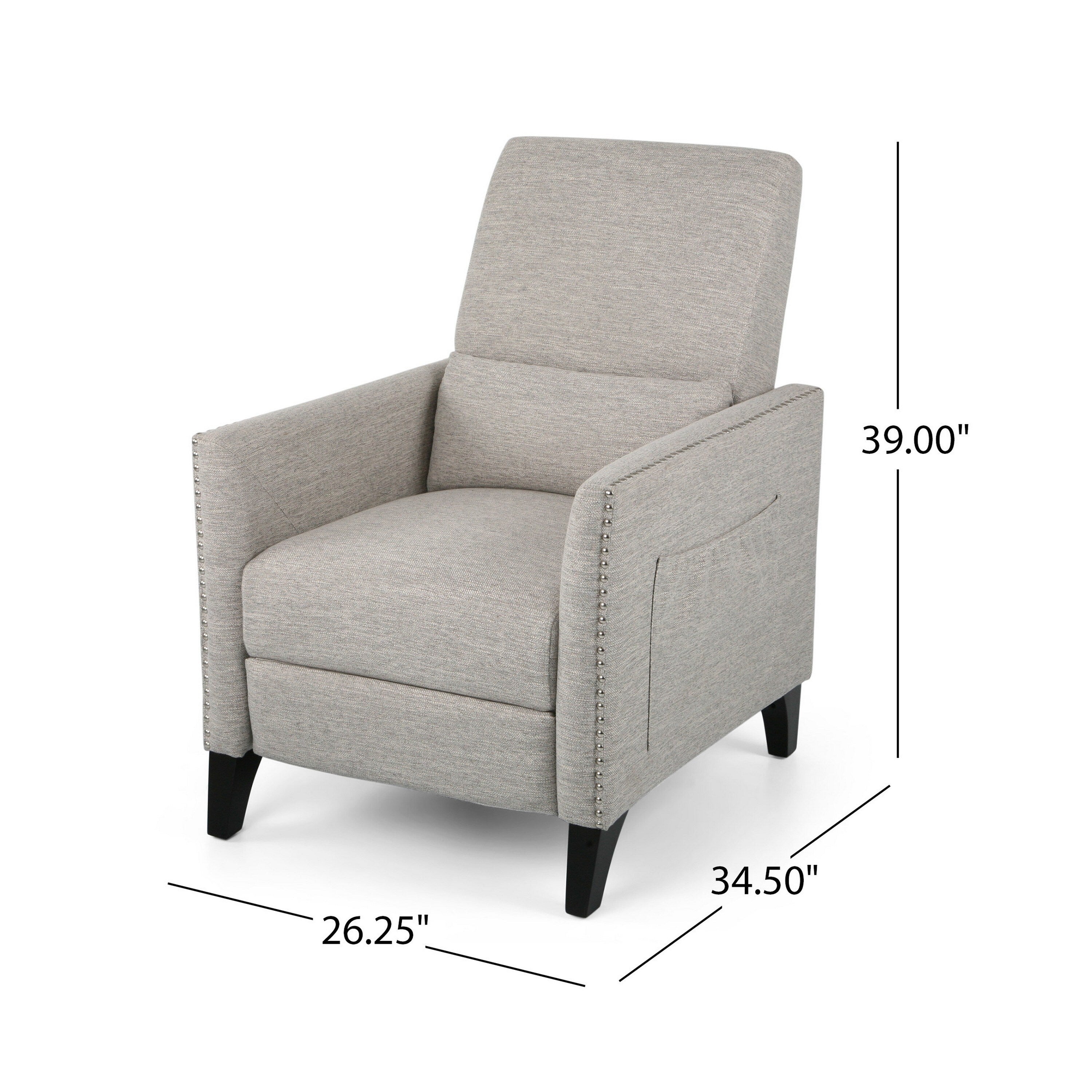 Davy Pushback Recliner Chair, Nailhead Trim, Birch Wood, Gray Fabric