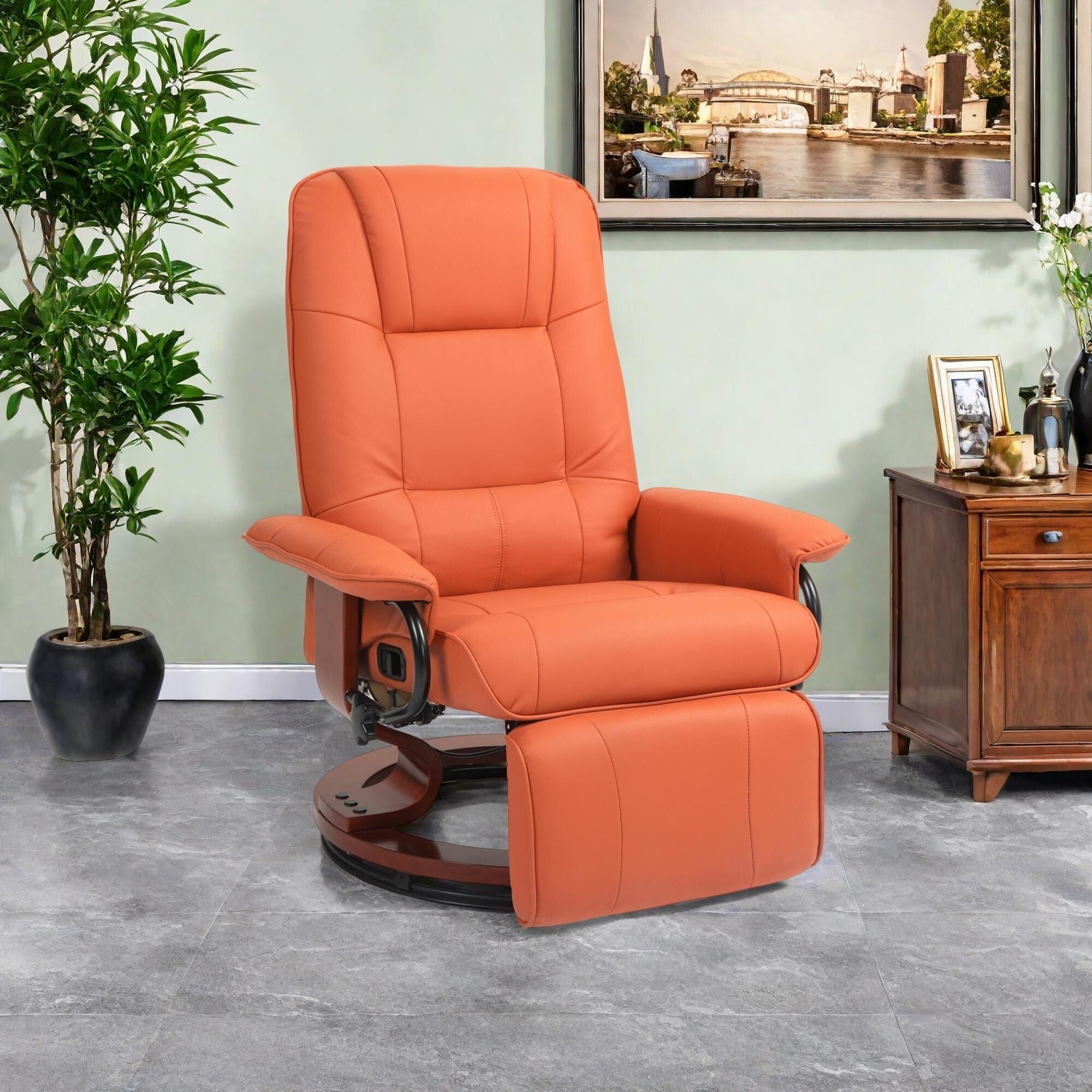 Faux Leather Manual Swivel Recliner Chair with Footrest, Armrest and Wrapped Wood Base