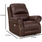 Freye Power Recliner, USB, Zero Wall Dark Brown Leather, Nailhead Trim