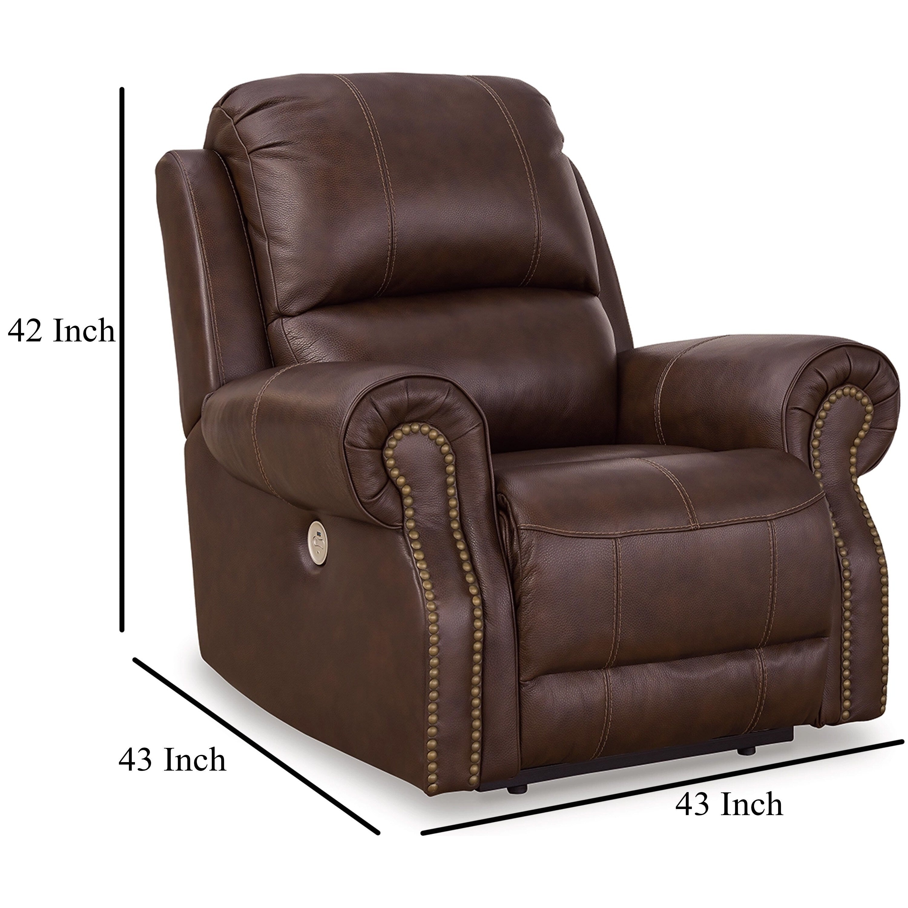 Freye Power Recliner, USB, Zero Wall Dark Brown Leather, Nailhead Trim
