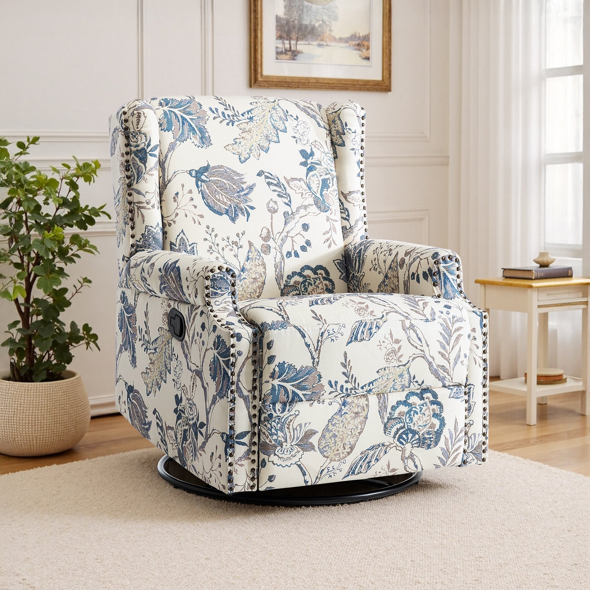 29'' W Pattern Floral Swivel Manual Push Back Recliner Glider Chair