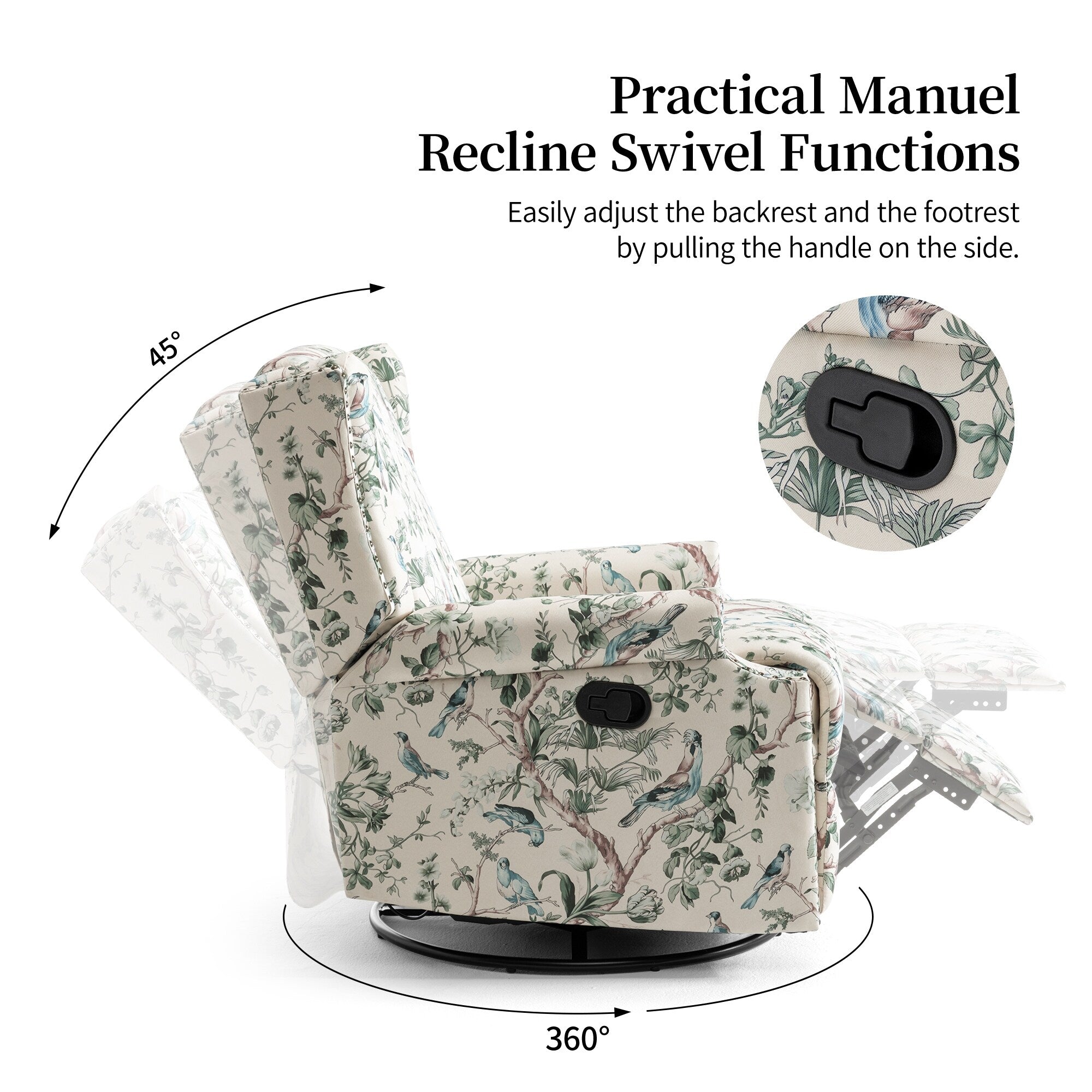 29'' W Pattern Floral Swivel Manual Push Back Recliner Glider Chair