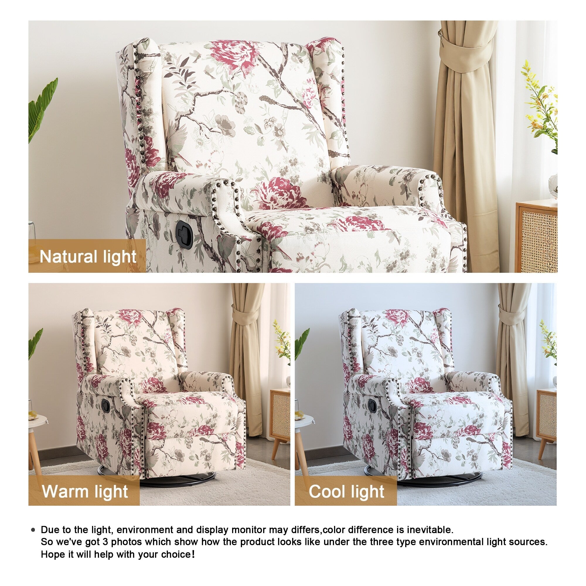 29'' W Pattern Floral Swivel Manual Push Back Recliner Glider Chair