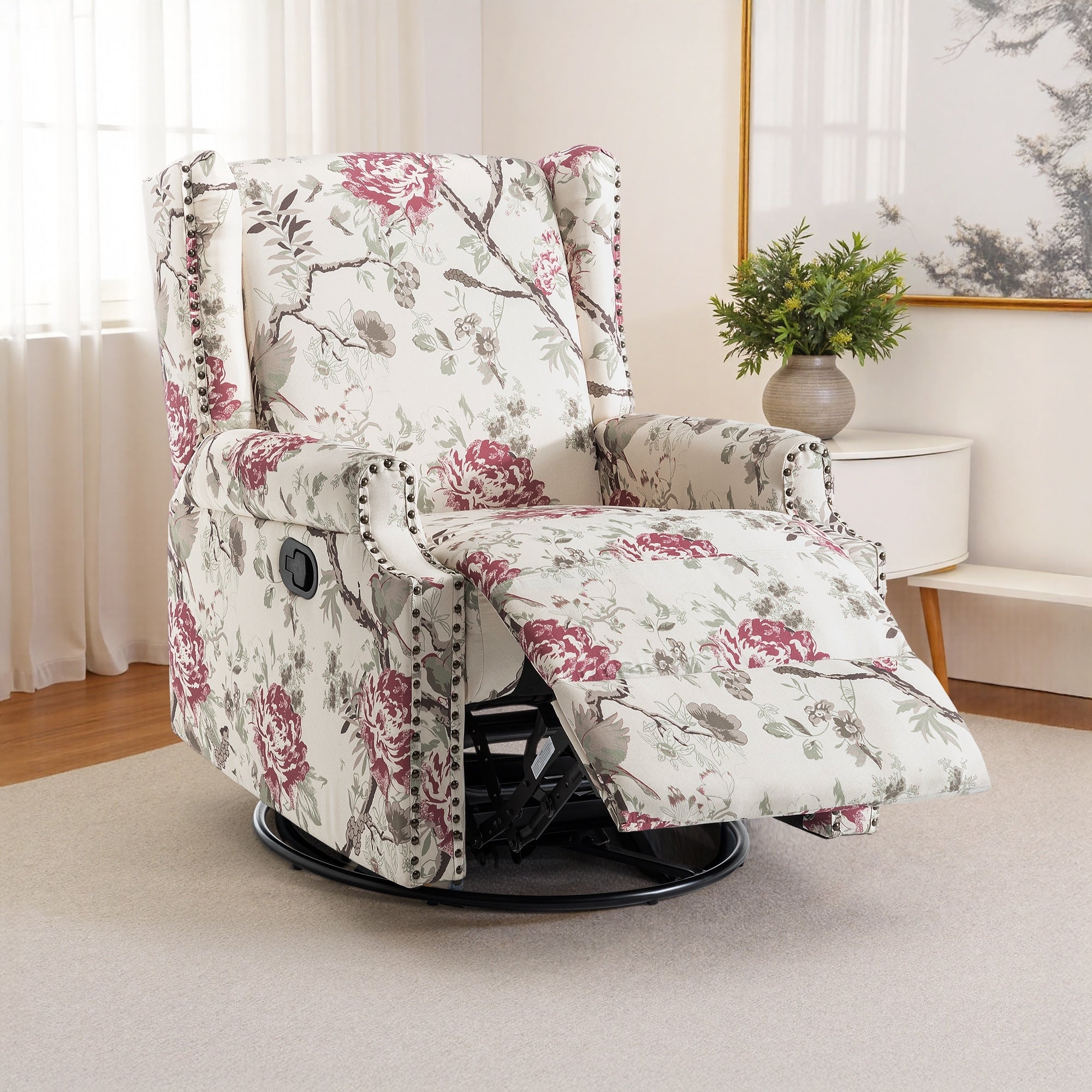 29'' W Pattern Floral Swivel Manual Push Back Recliner Glider Chair